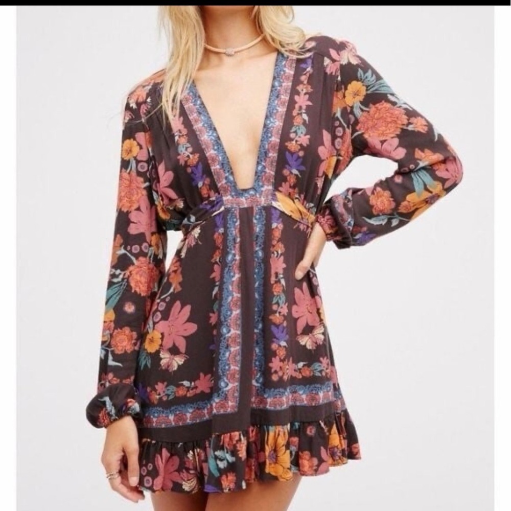Free People Floral V-Neck Ruffle Mini Dress Tunic Navy Blue Pink Orange OB583849